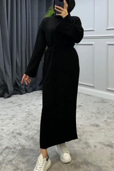 Bağcıklı Triko Elbise Siyah