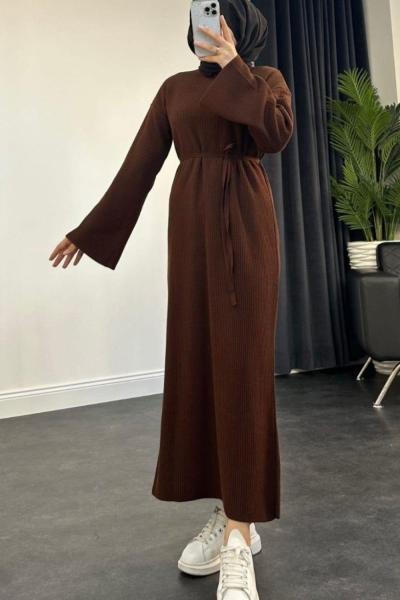 Bağcıklı Triko Elbise Acı Kahve