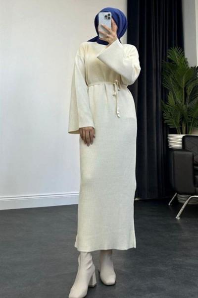 Bağcıklı Triko Elbise Bej