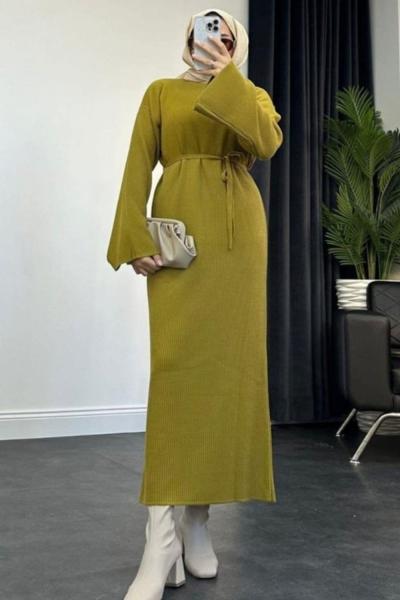 Bağcıklı Triko Elbise Yağ Yeşili