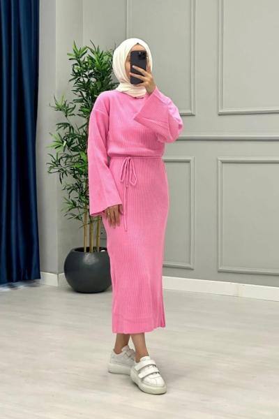 Bağcıklı Triko Elbise Pembe