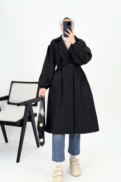 Bondit Kumaş Trençkot Siyah