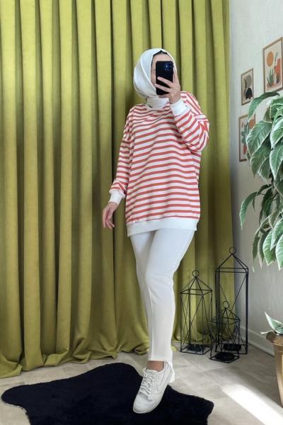 Çizgili Kalem Pantolon Takım  Turuncu