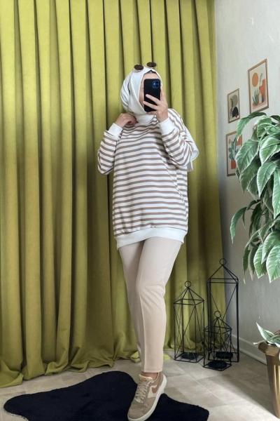 Çizgili Kalem Pantolon Takım  Camel