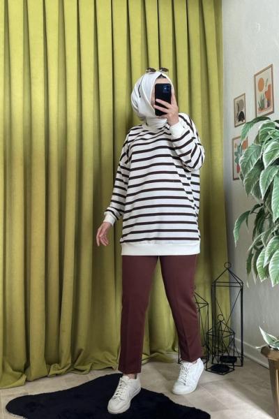 Çizgili Kalem Pantolon Takım  Acı Kahve