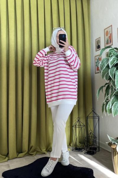 Çizgili Kalem Pantolon Takım  Fuşya