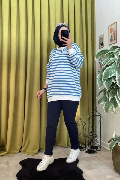 Çizgili Kalem Pantolon Takım  Mavi