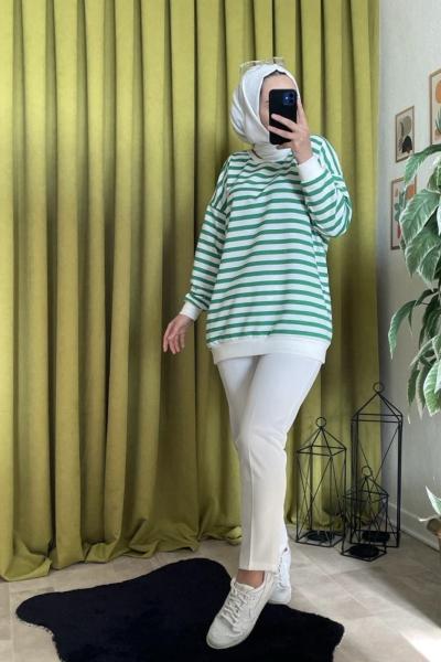 Çizgili Kalem Pantolon Takım  Yeşil