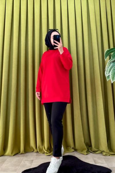 Düz Yırtmaçlı Tunik Kırmızı