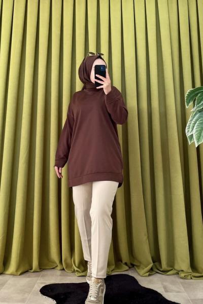 Düz Yırtmaçlı Tunik Kahverengi