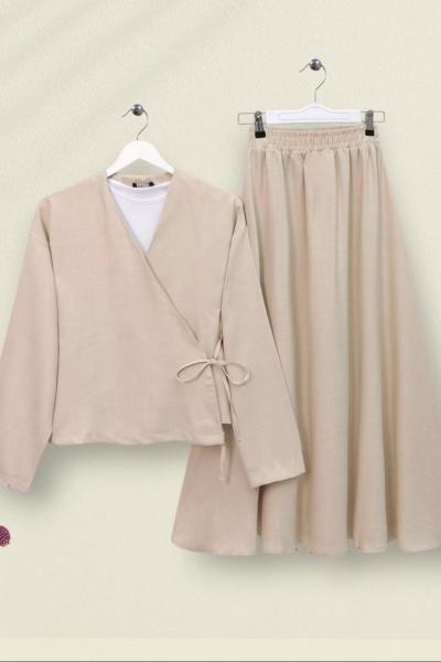 Etekli Keten Takım Bej