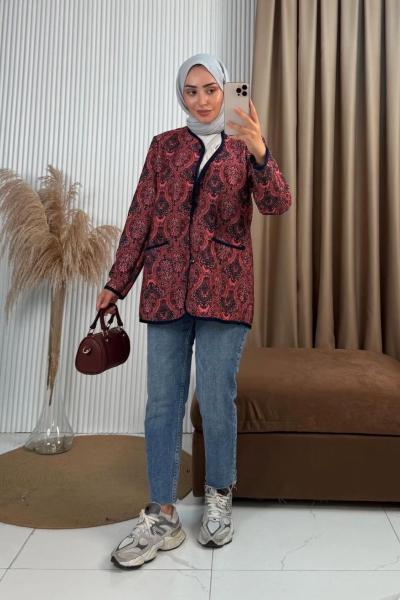 Etnik Desen Ceket Bordo