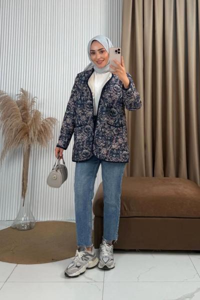 Etnik Desen Ceket Mavi