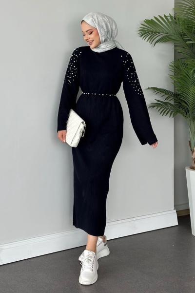 İnci Detaylı Triko Elbise Siyah