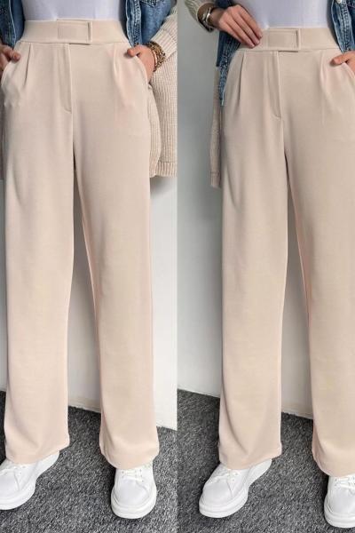 Kemer Detaylı Palazzo Pantolon Krem