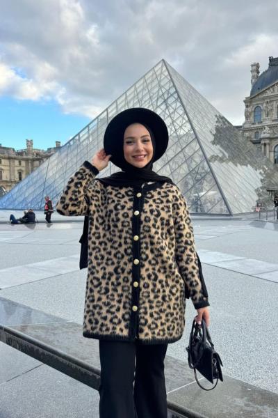 Leopar Desenli Hırka Kahverengi