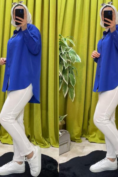 Tek Cepli Poplin Gömlek Saks Mavisi