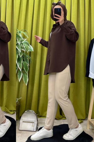 Tek Cepli Poplin Gömlek Acı Kahve