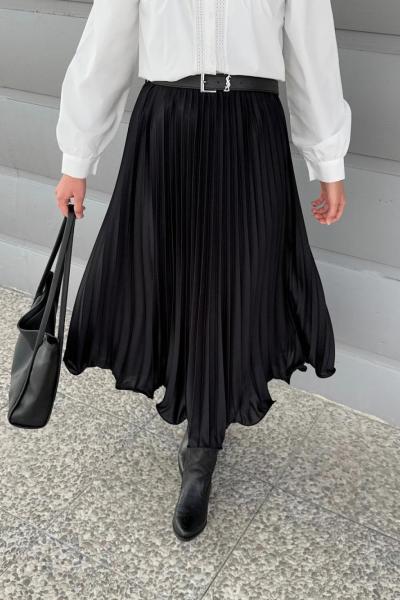 Volanlı İnce Pliseli Etek Siyah