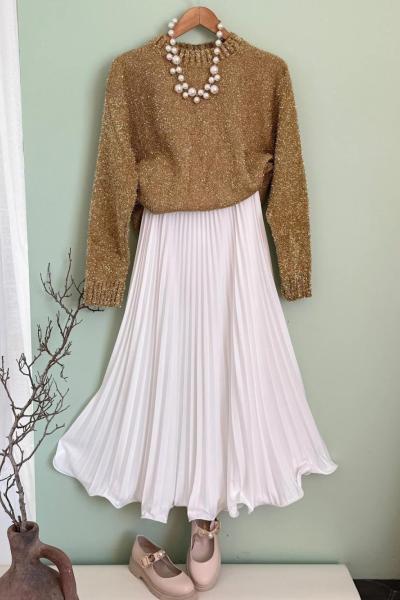 Volanlı İnce Pliseli Etek Beyaz