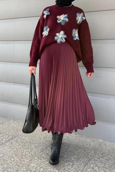 Volanlı İnce Pliseli Etek Bordo