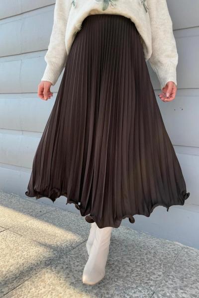 Volanlı İnce Pliseli Etek Kahverengi