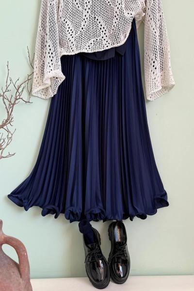 Volanlı İnce Pliseli Etek Lacivert