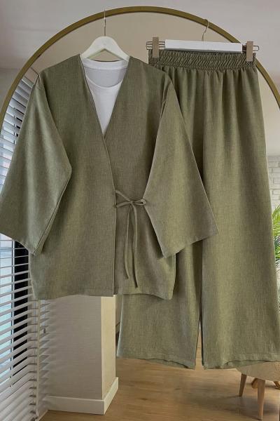 Yan Bağlamalı Kimono Takım Haki