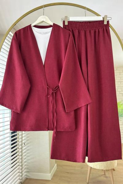 Yan Bağlamalı Kimono Takım Bordo