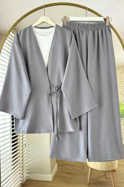 Yan Bağlamalı Kimono Takım Gri
