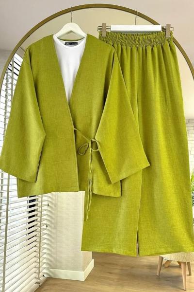 Yan Bağlamalı Kimono Takım Yağ Yeşili