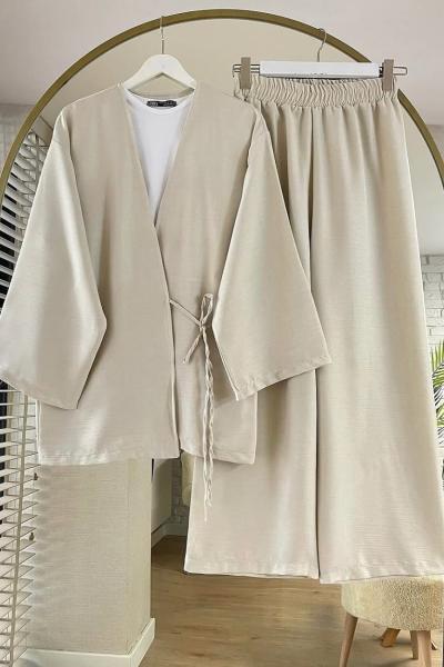 Yan Bağlamalı Kimono Takım Taş Rengi